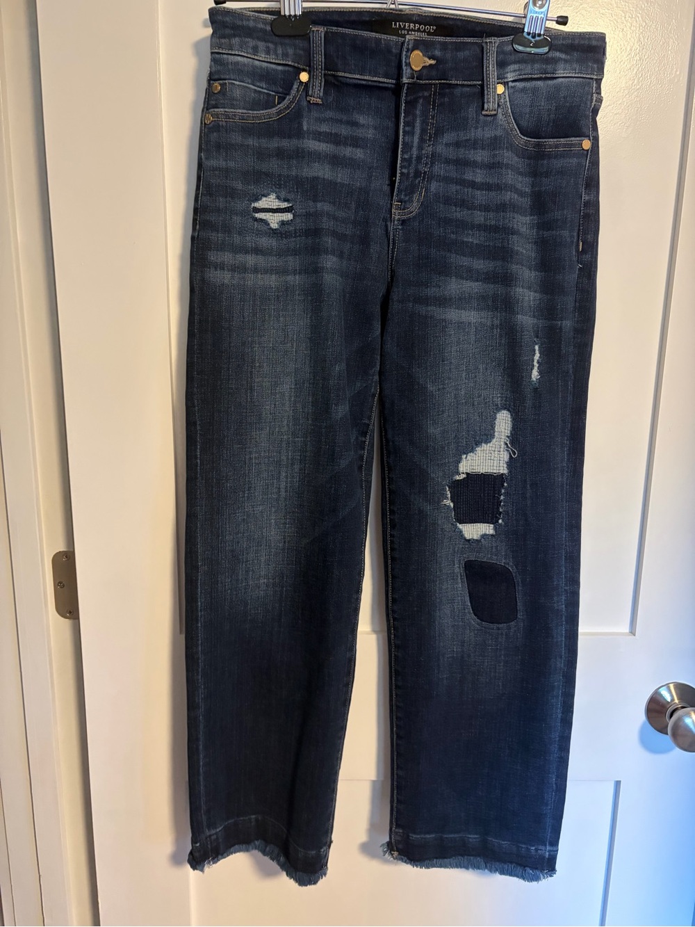 Liverpool Dark Blue Distressed Straight-Leg Jeans for Women